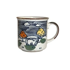 Vintage 70s Sheep In Pasture Otagiri-Style Stoneware Coffee Tea Mug Cup Farm